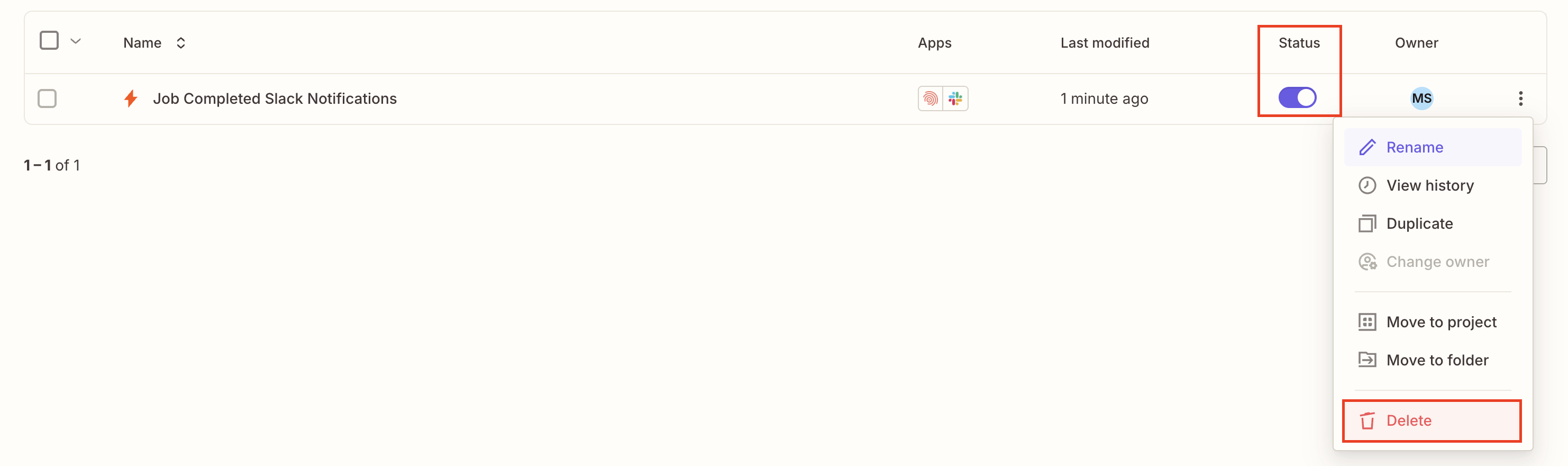 Screenshot of the Zapier actions menu where Zaps can be deleted or disabled