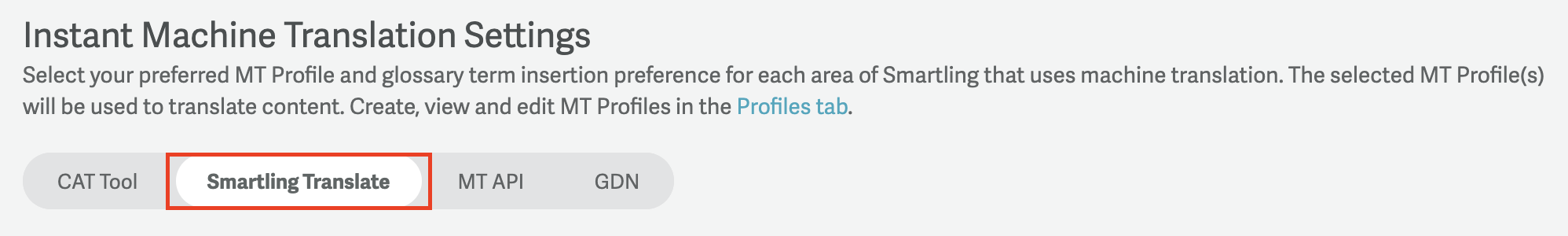 Screenshot of the Smartling Translate tab within the Instant MT settings