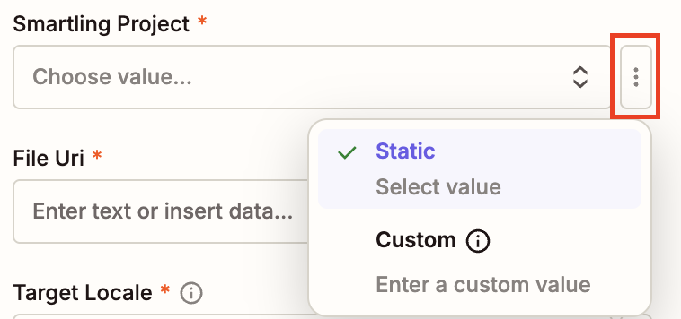 Screenshot showing the option to select static or custom values in Zapier