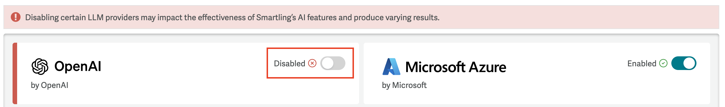 Screenshot of the toggle to disable specific providers