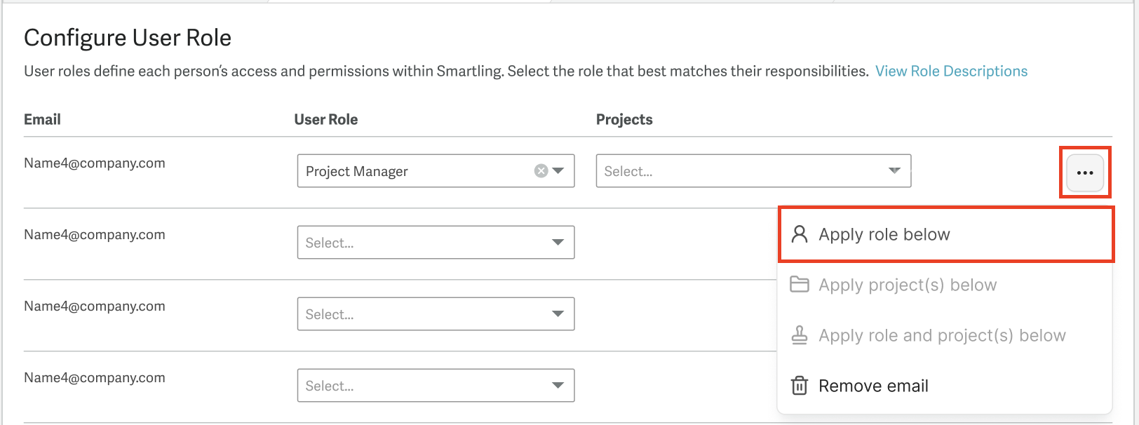 Apply role below action highlighted in the actions dropdown menu