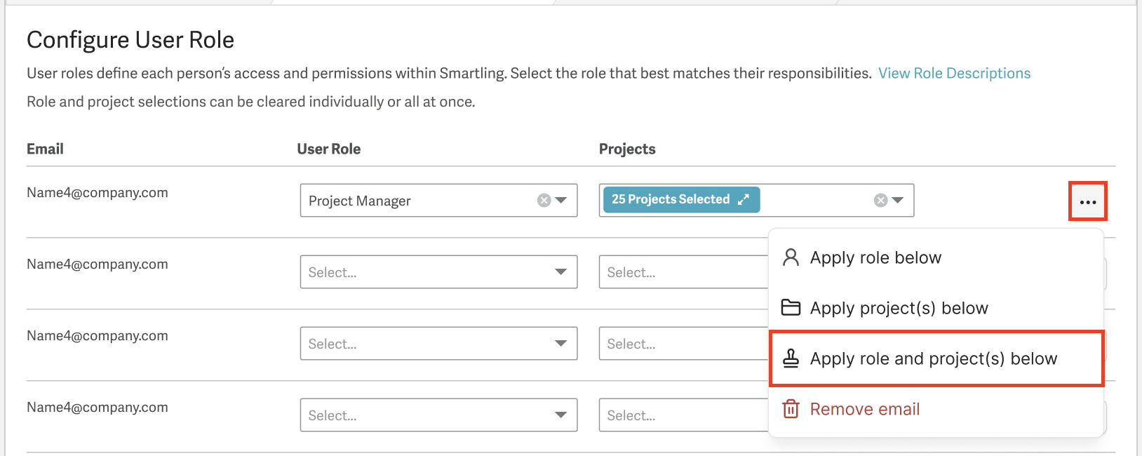 Action "Apply role and project(s) below"