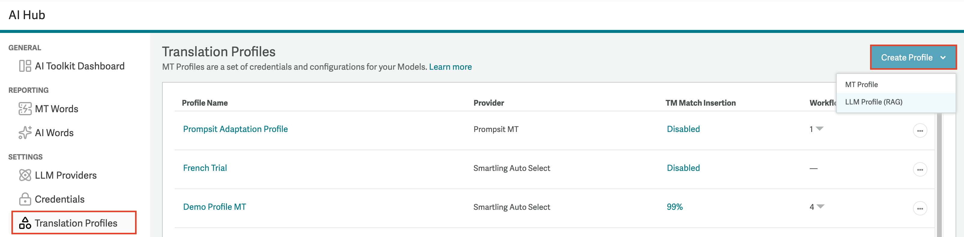 Sreenshot of the Create Profile button