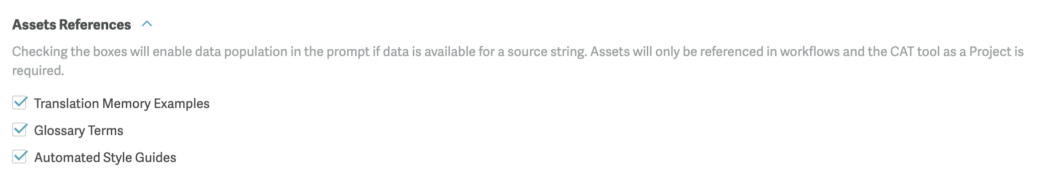 Screenshot of the Assets References checkboxes