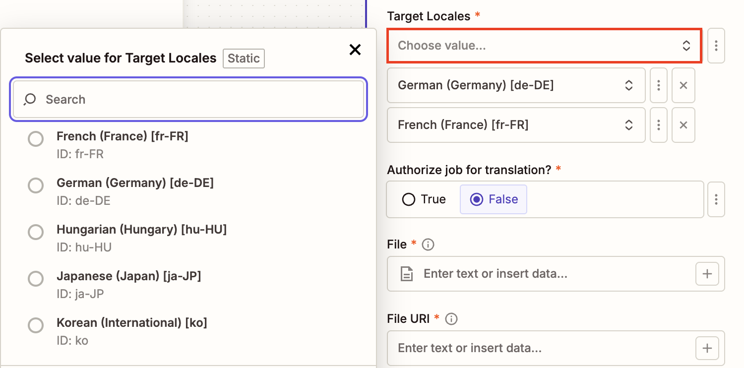 Screenshot of the target locale selection menu
