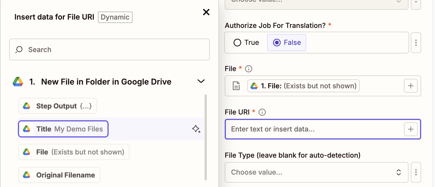 Screenshot of the "Title" value selected for the File URI field