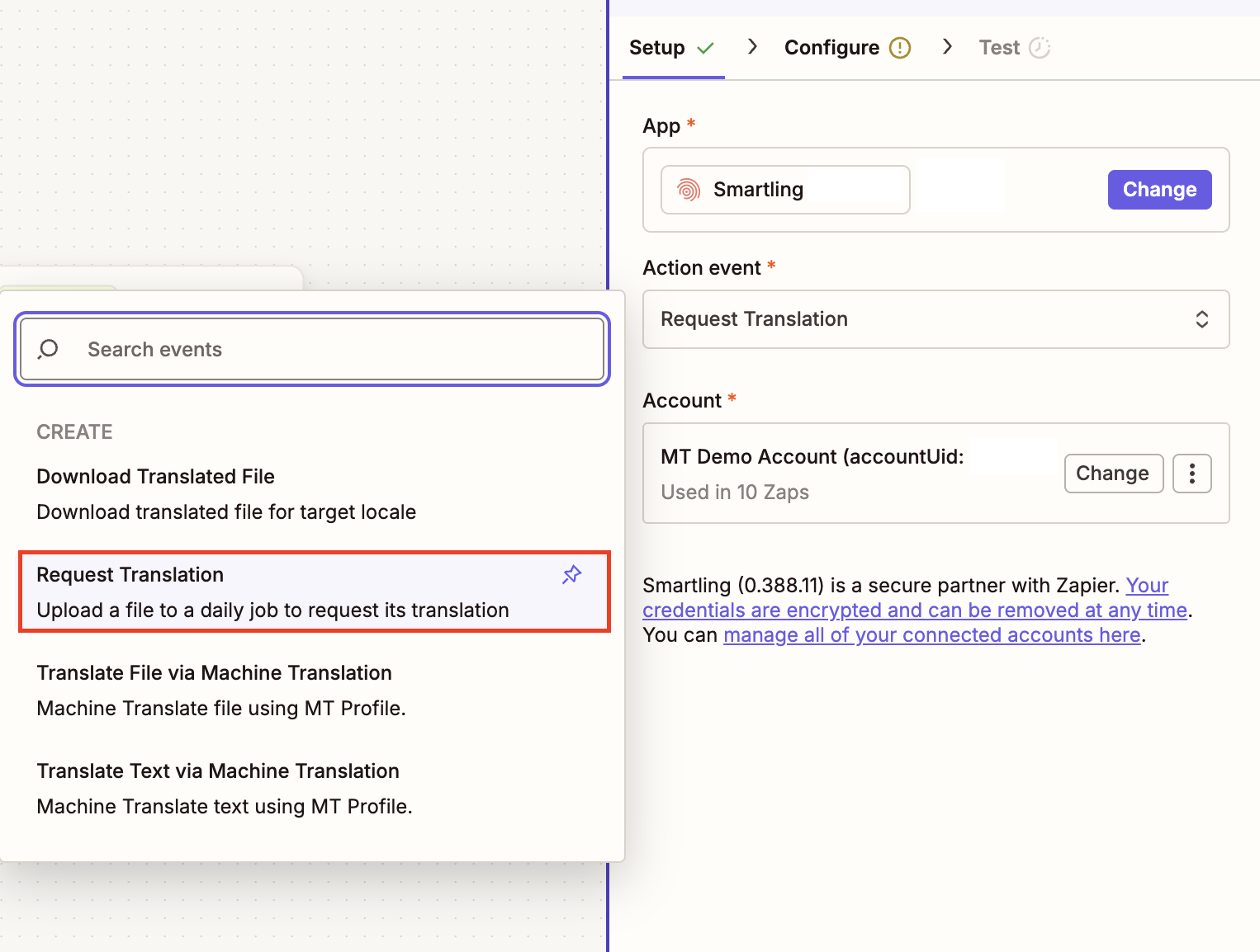 Screenshot of the setup process for Smartling's Request Translation action