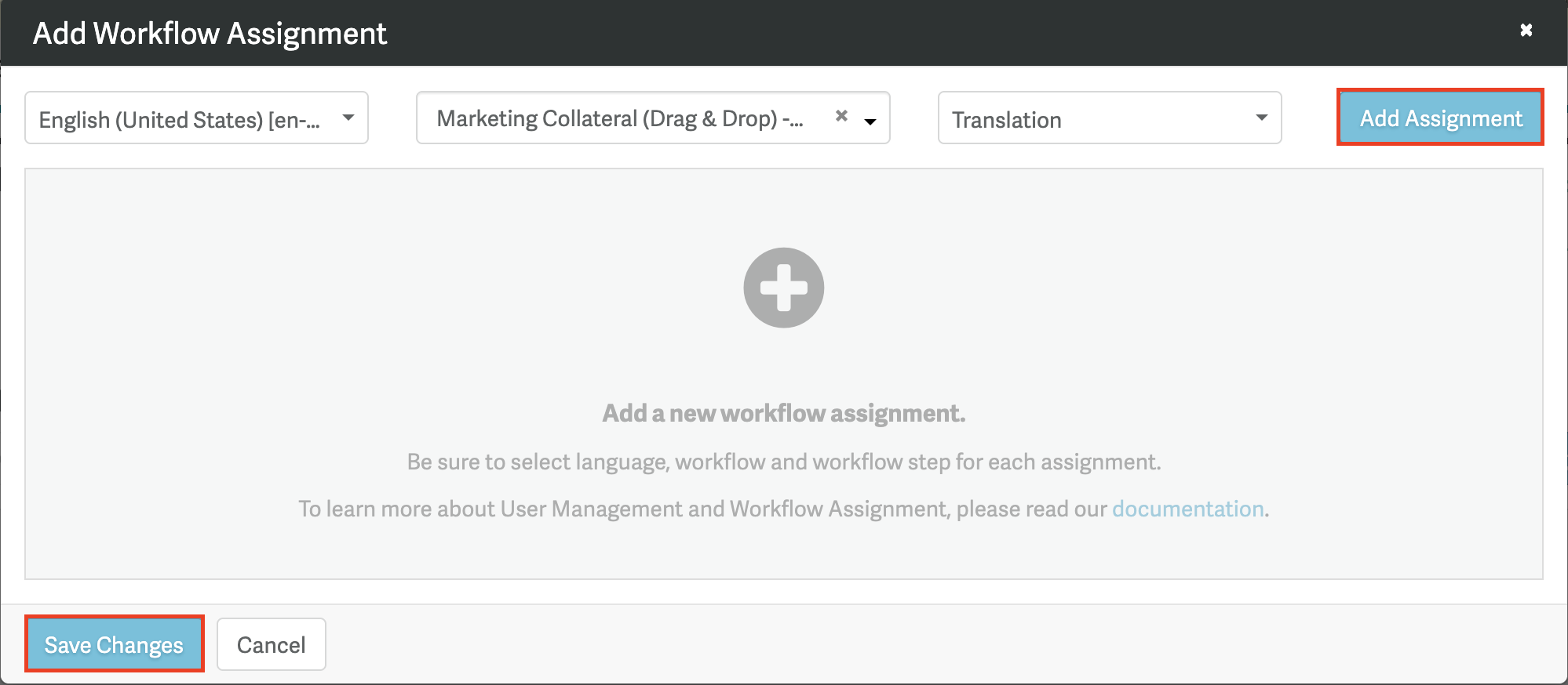 Screenshot of the workflow assignment modal