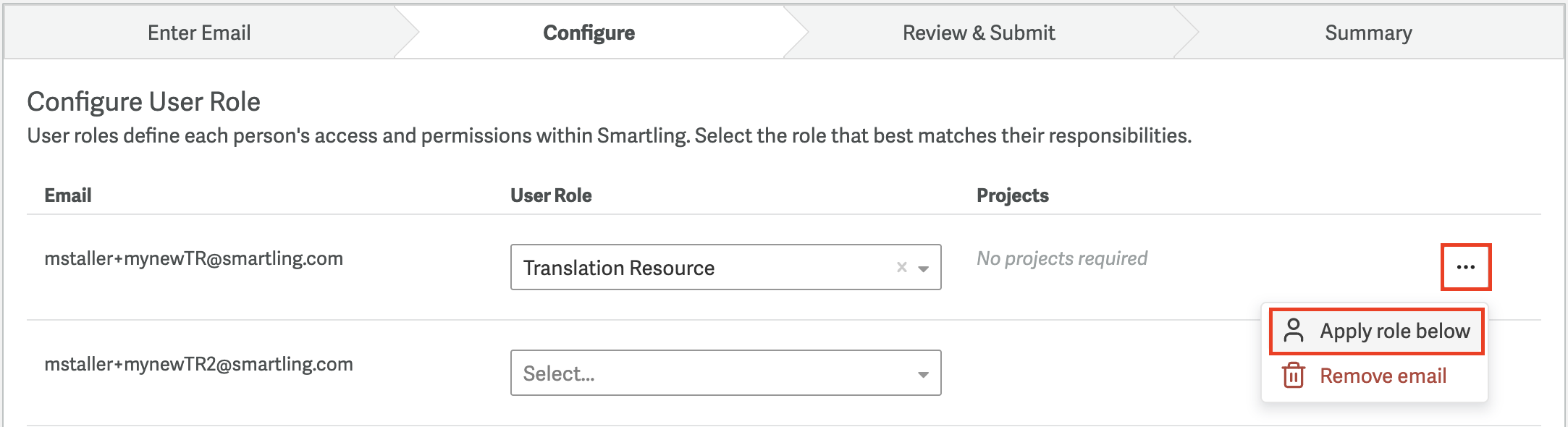 Screenshot of the "Apply role below" action