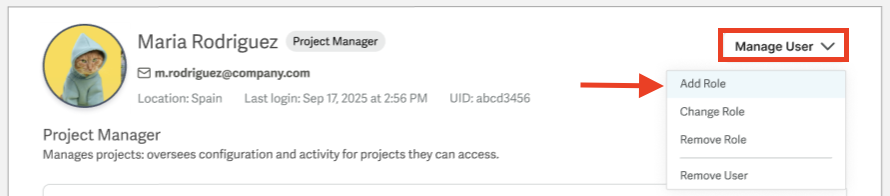 Add Role action under the Manage Users menu