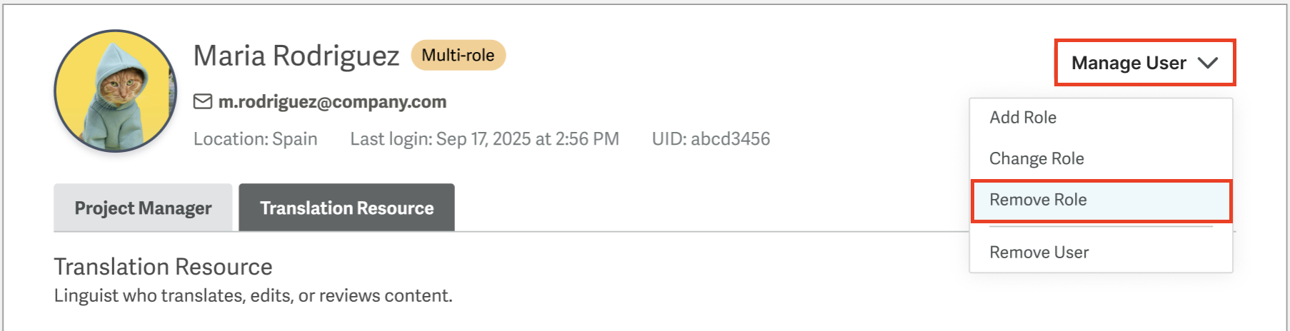 Remove Role option in the Manage Users menu