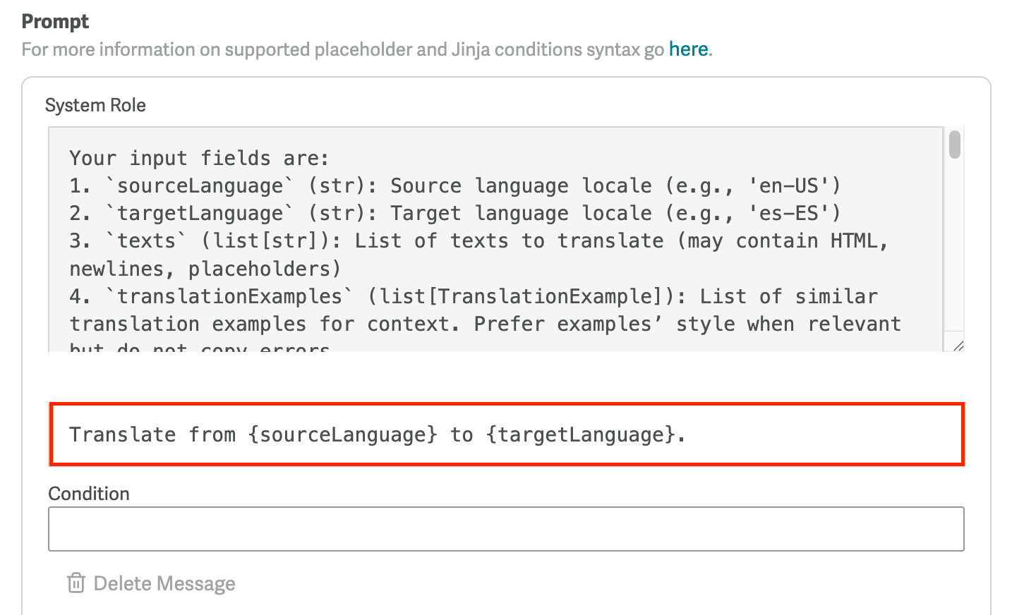 Screenshot of a System Role prompt with placeholders