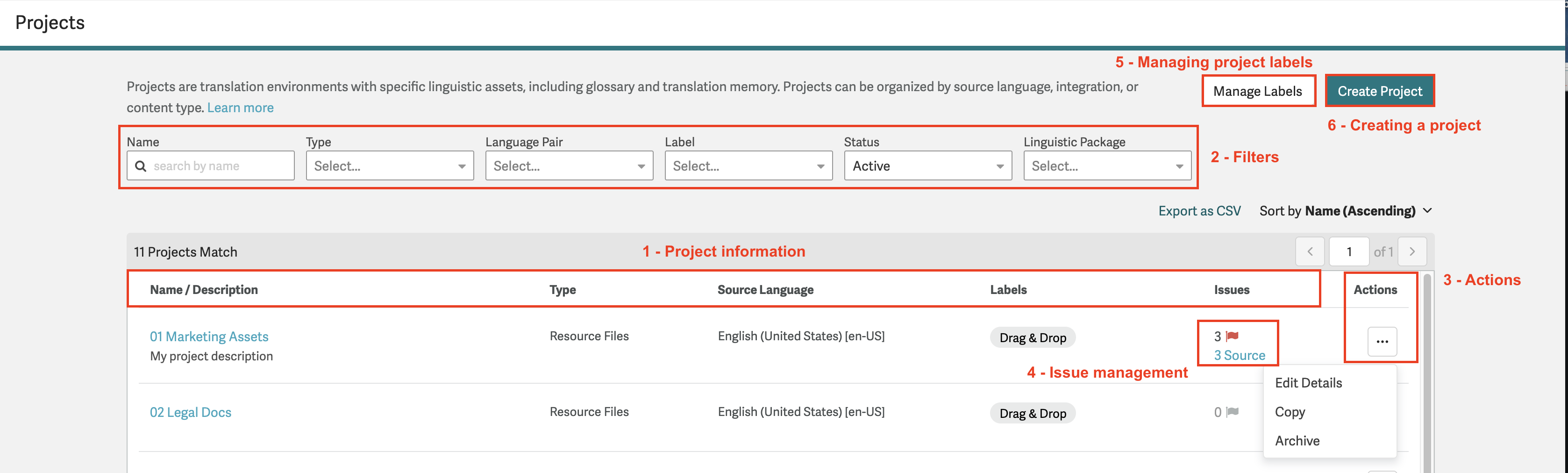 Project dashboard navigation