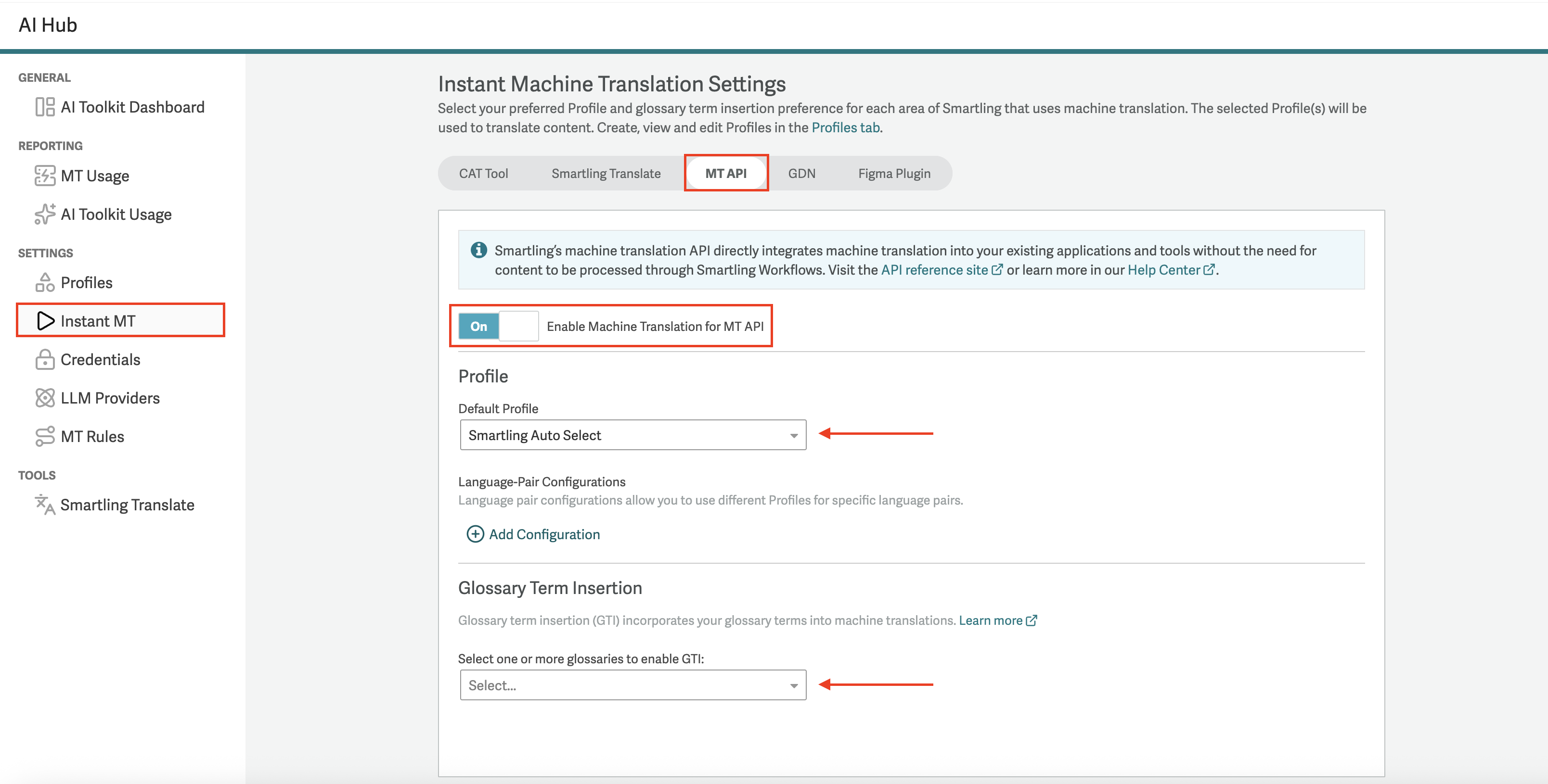 MT API translation settings in the AI Hub
