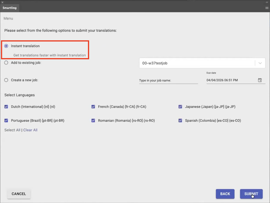 Screenshot of the Instant Translation option in the Submit dialog