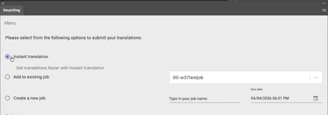 Screenshot of the Instant translation option in the Submit dialog of the Adobe Creative Cloud pluign