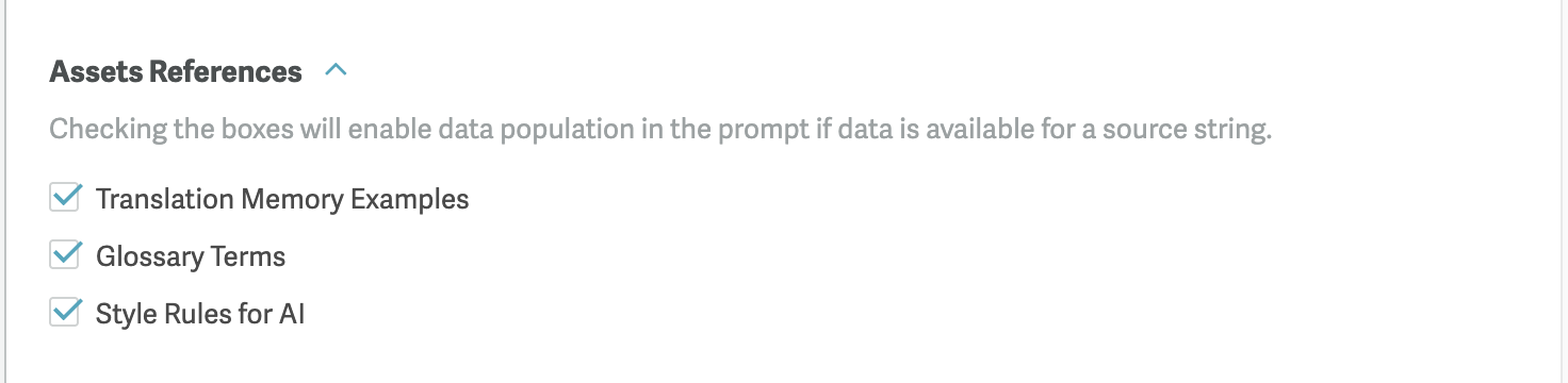 Check boxes for selecting Assets References for Prompt tooling with RAG
