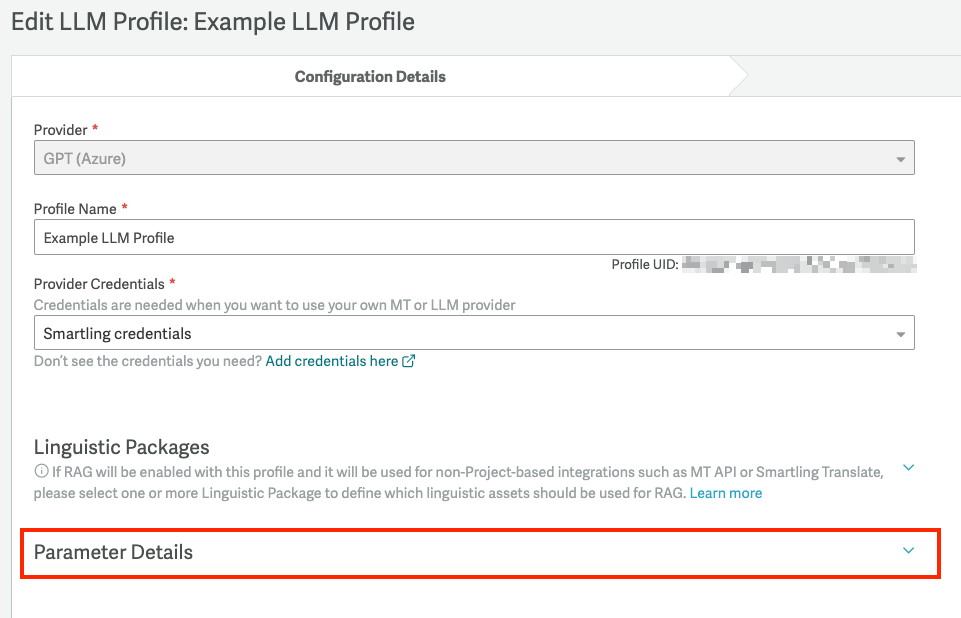 Parameter Details section expanded on an LLM Profile