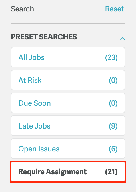 Jobs Dashboard left panel showing the Requires Assignment filter selected