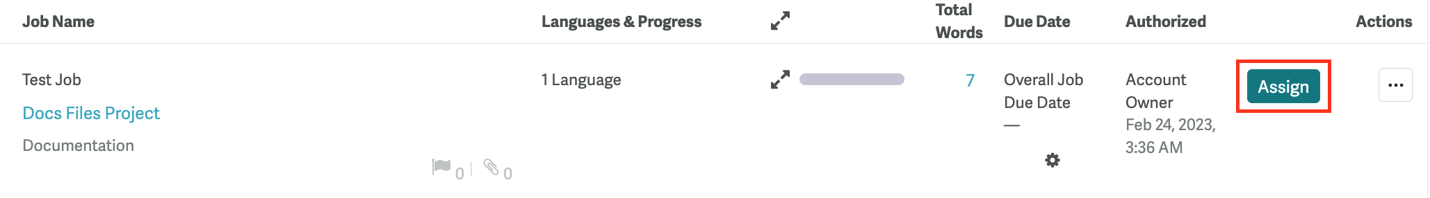 Jobs Dashboard row showing the Assign button for an in-progress job