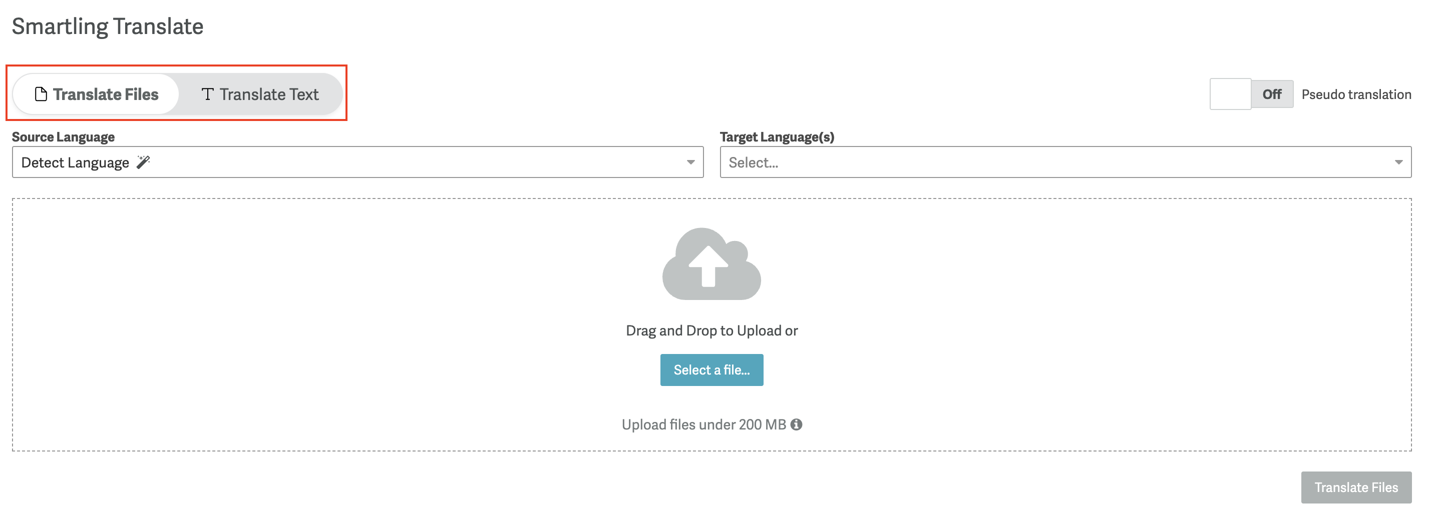 Screenshot of the Smartling Translate UI in a free trial account