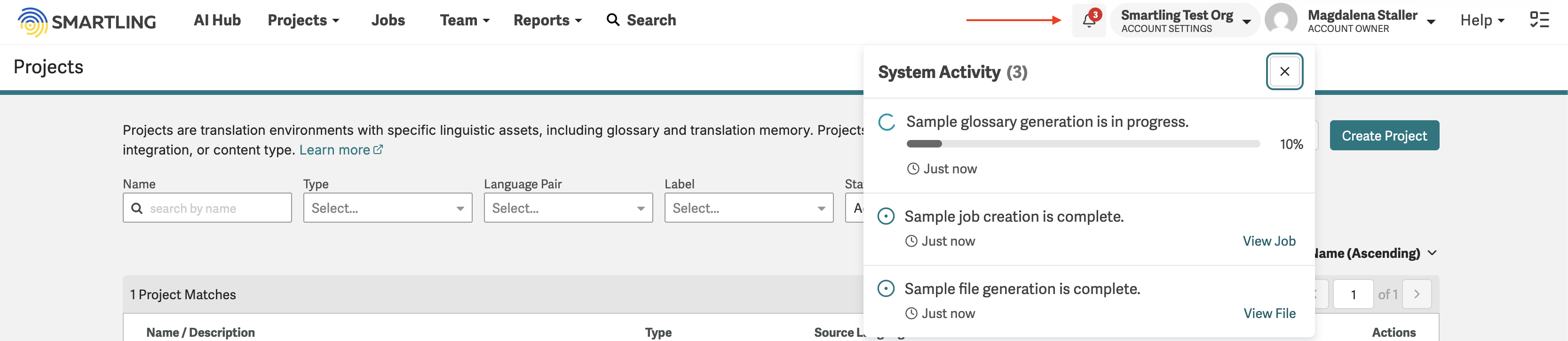 Screenshot of the Activity tab in the top navigation