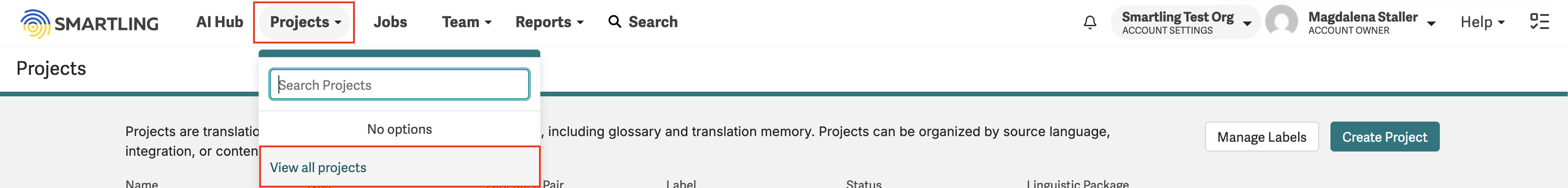 Screenshot of the Projects dropdown, highlighting the option View all projects
