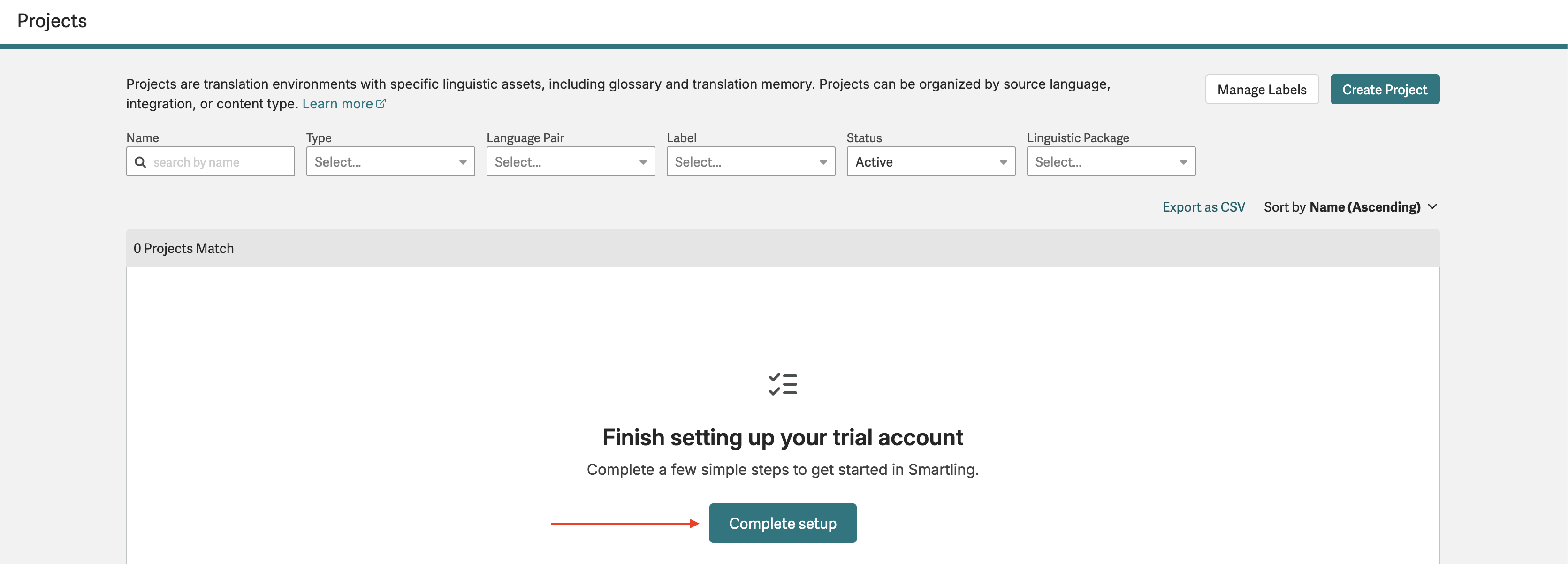Screenshot of the prompt to Finish setting up your trial account on the Projects dashboard