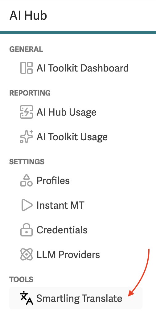 Smartling Translate tab in the left-hand menu of the AI Hub