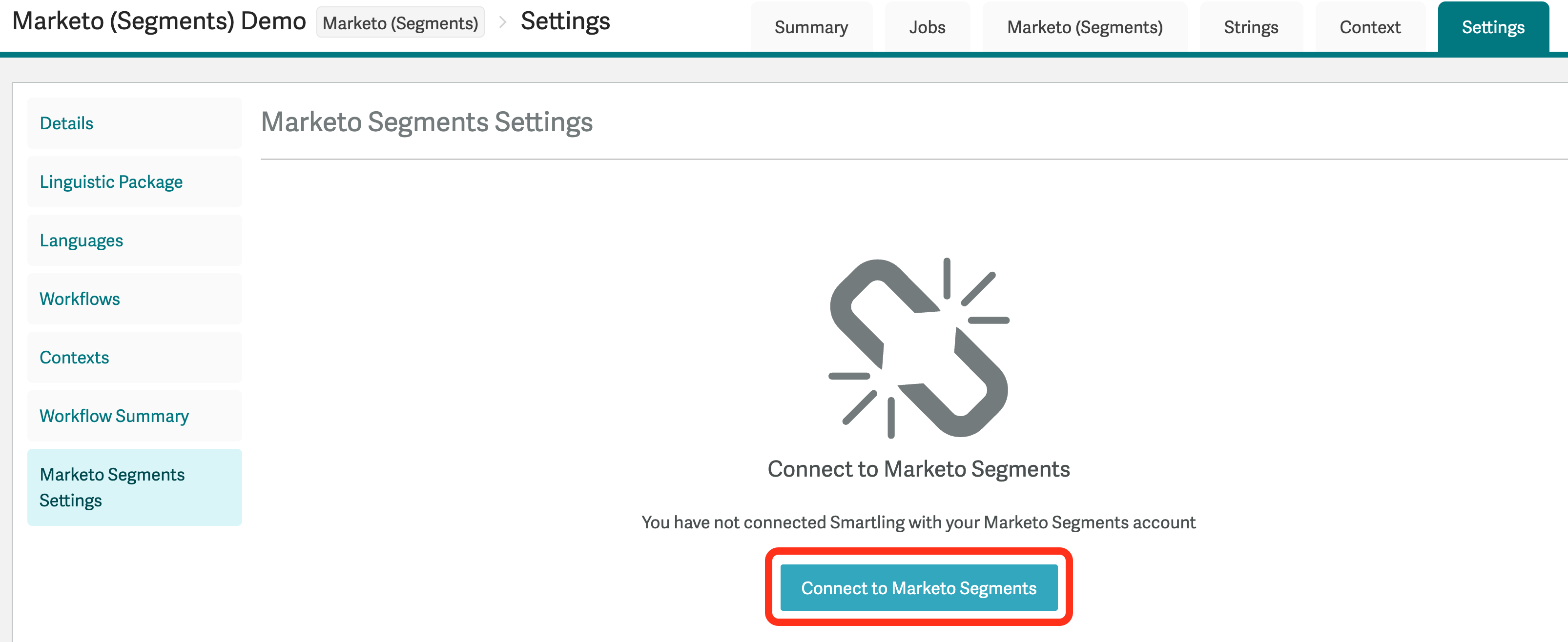 Connect to Marketo Segments settings screen