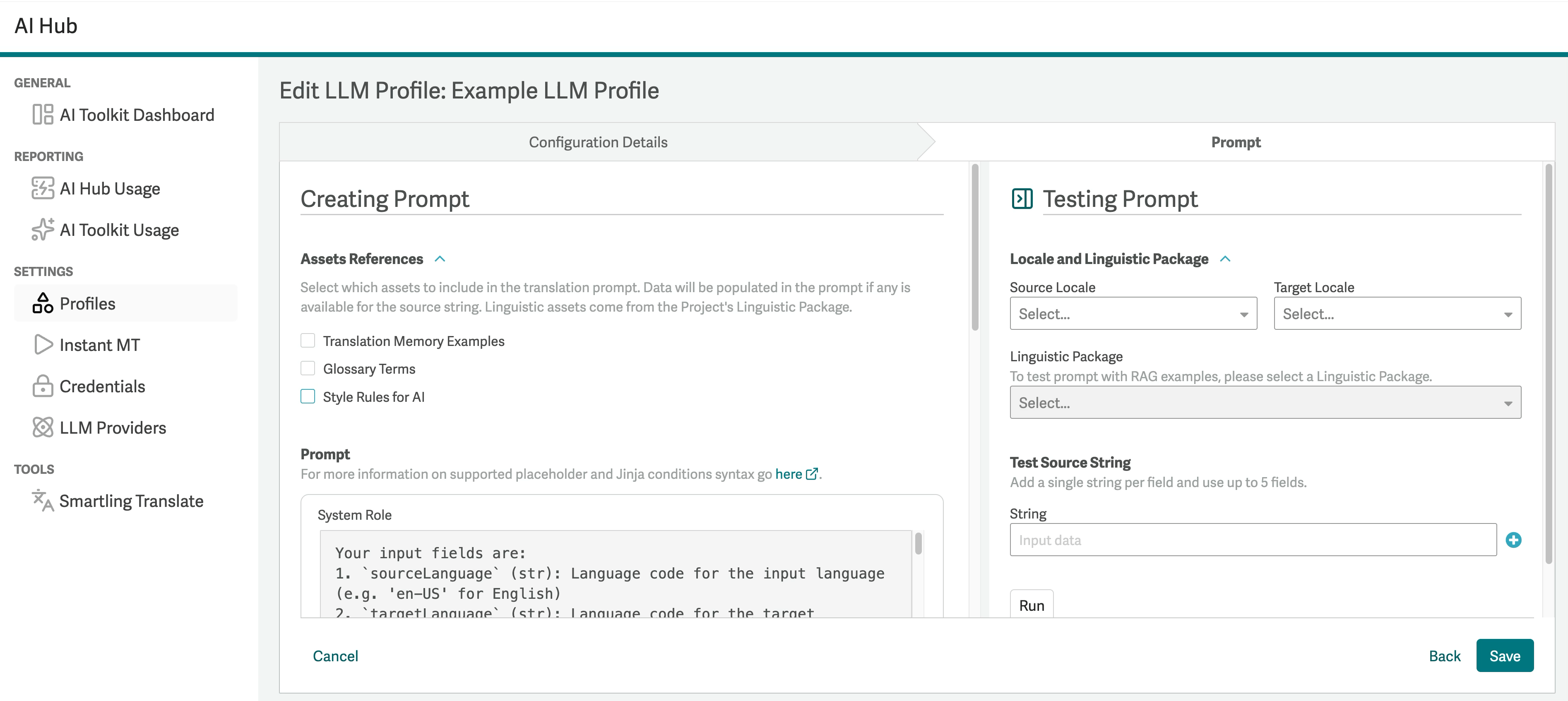 Enabling RAG asset references (translation memory, glossary, style rules) in an LLM Profile