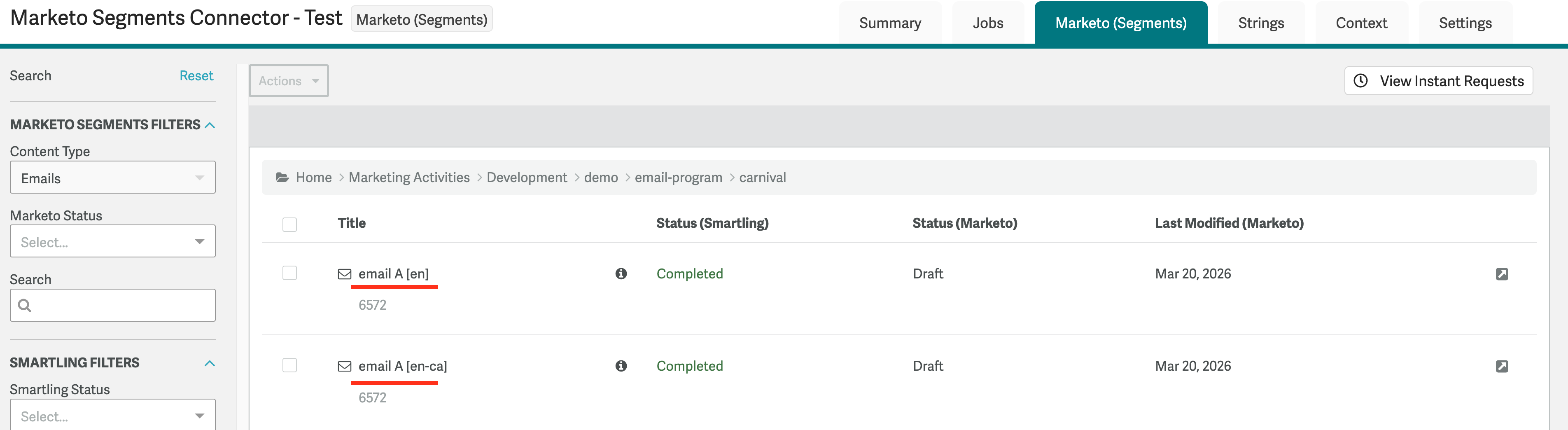Smartling asset list showing virtual assets per source locale