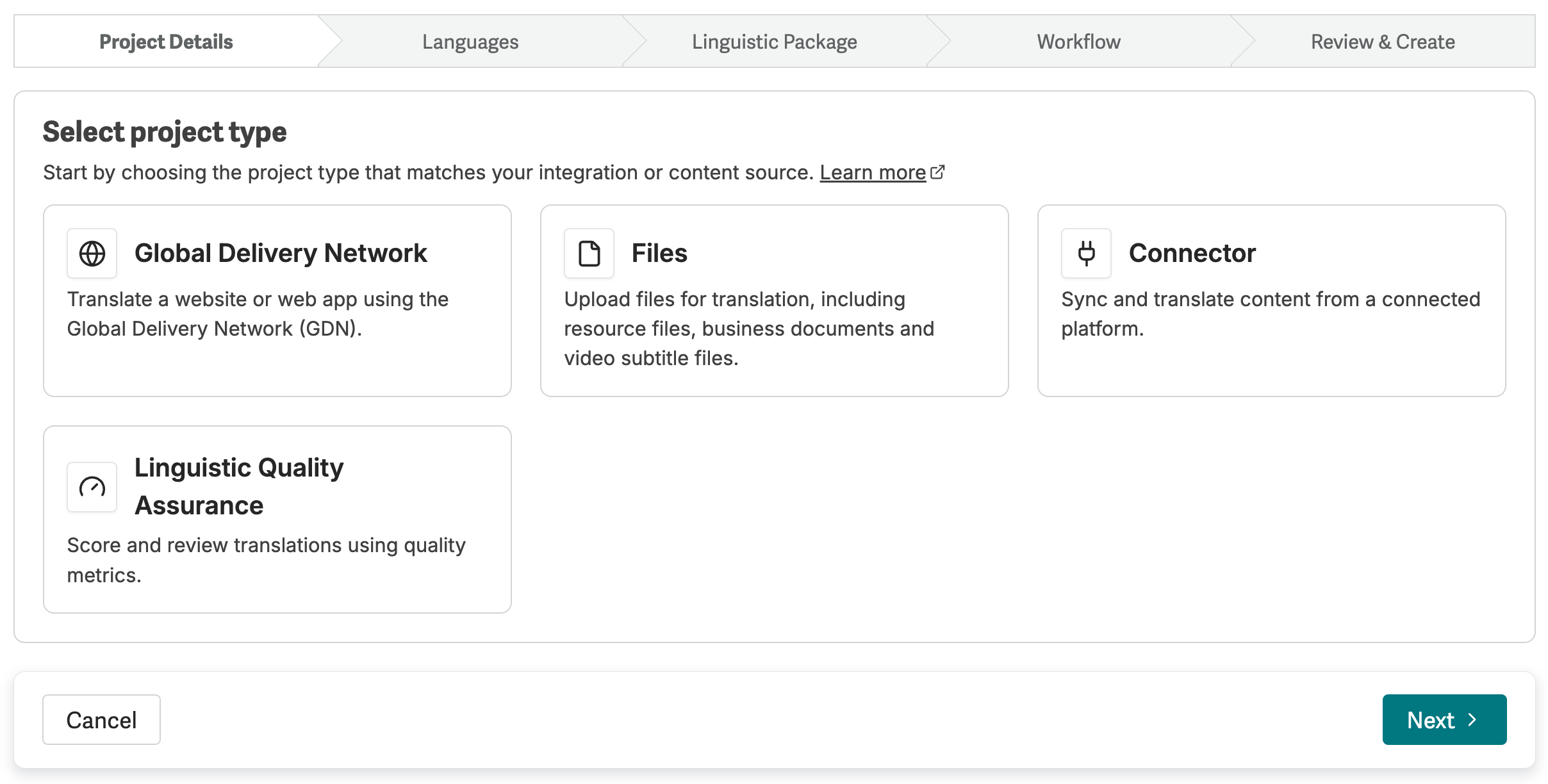 Project Details step showing the four project type cards (Global Delivery Network, Files, Connector, Linguistic Quality Assurance) and the project name field.