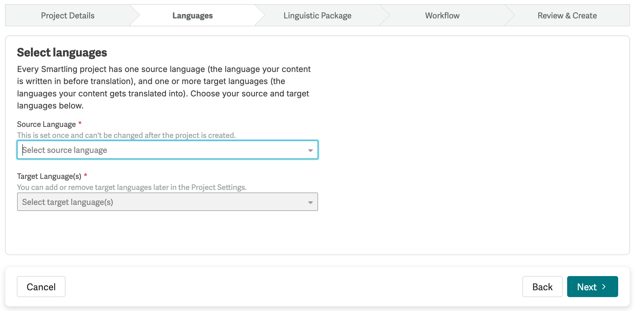 Languages step showing the Source Language and Target Language(s) selectors.