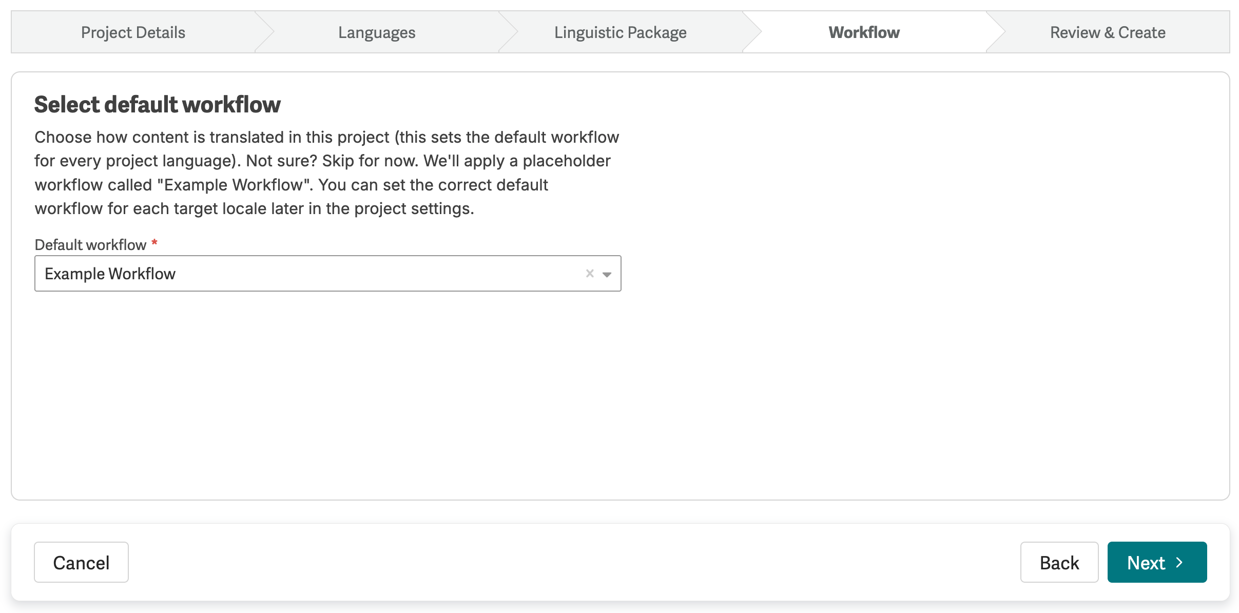 Workflow step showing the Default workflow drop-down pre-filled with Example Workflow.