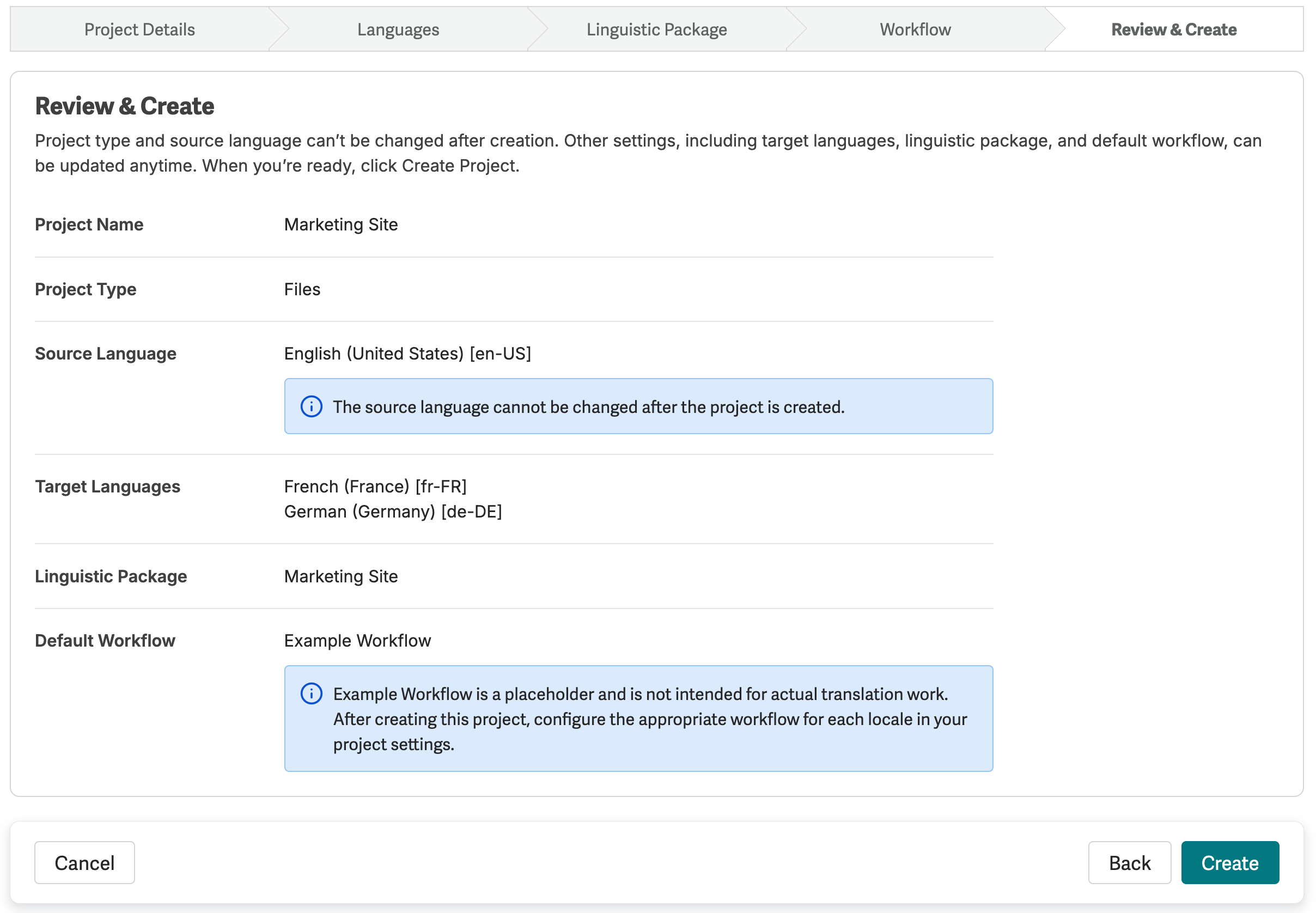 Review & Create step summarizing project name, type, source language, target languages, linguistic package, and default workflow before the Create button.