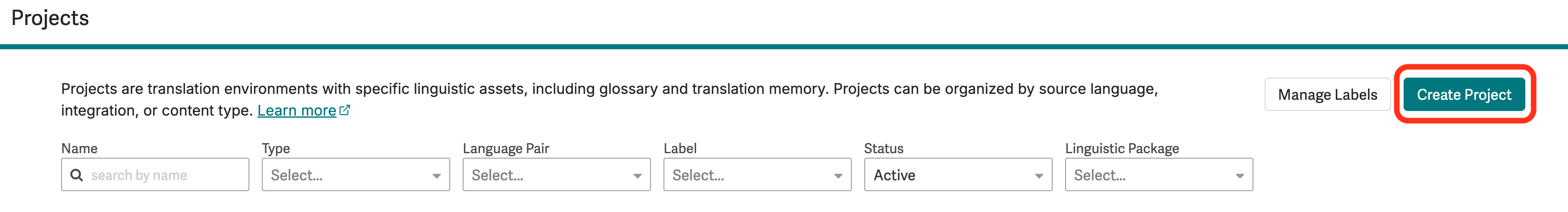 Create Project button on the Projects Dashboard.