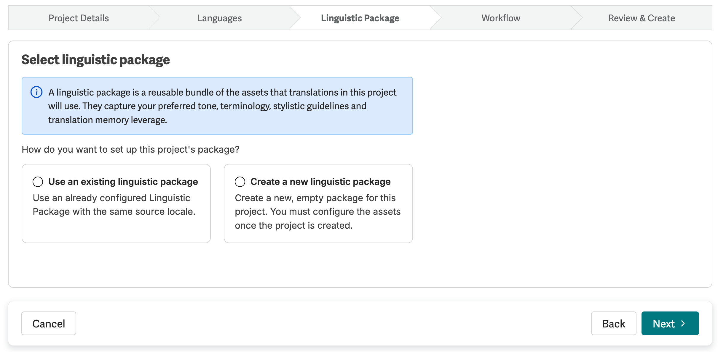 Linguistic Package step showing the Use an existing linguistic package and Create a new linguistic package options.