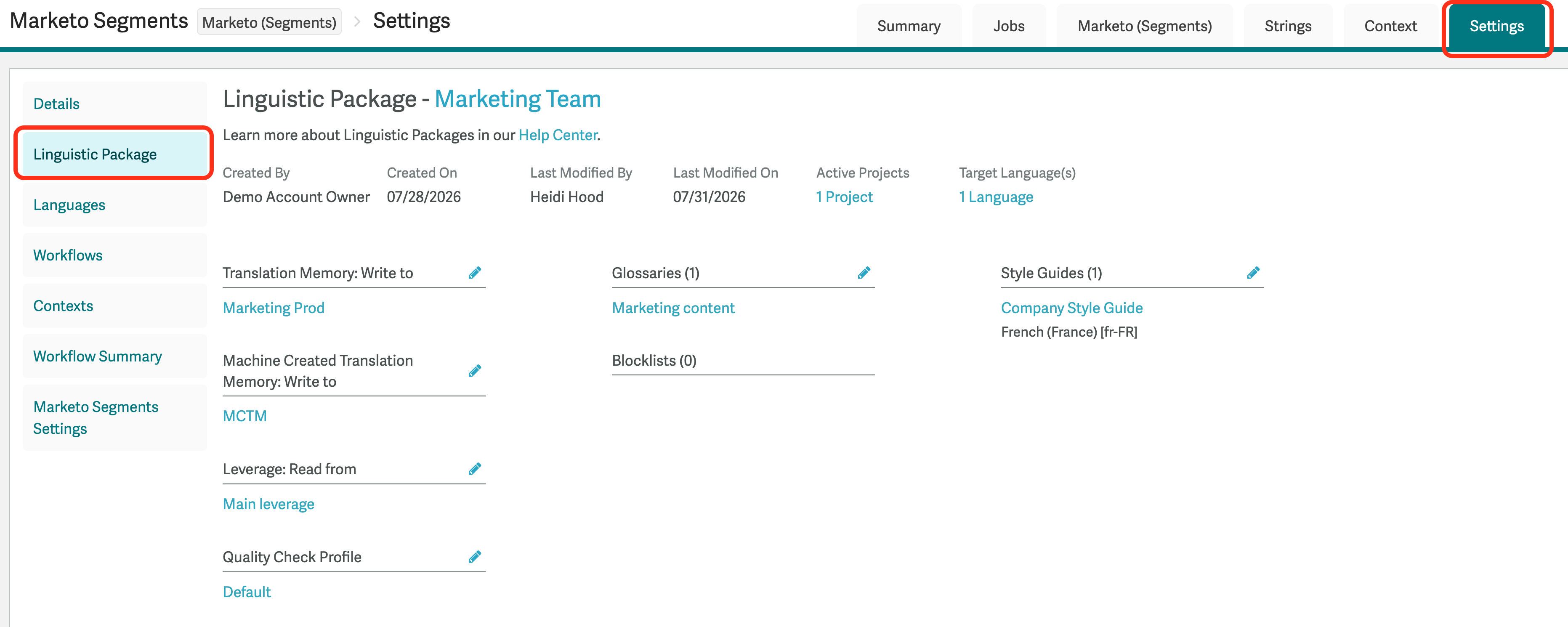 Linguistic Package tab under the project Settings tab, showing the assets used by the package.