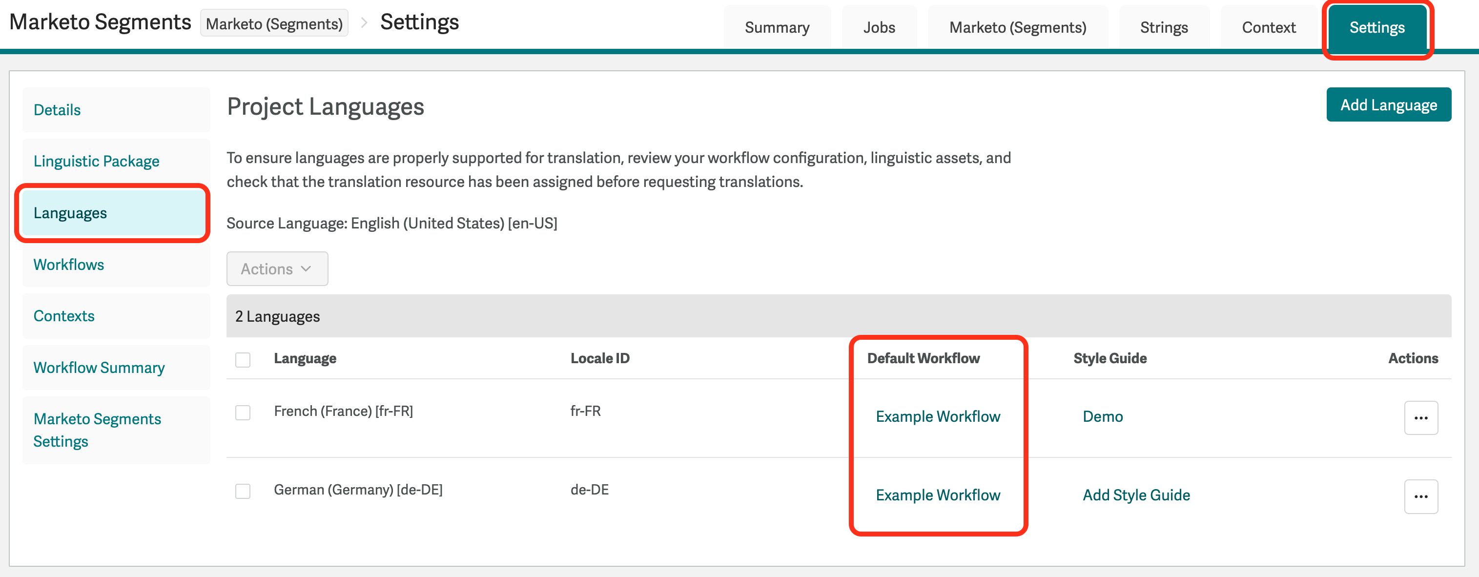 Languages tab under the project Settings tab, showing the Default Workflow column for each locale.