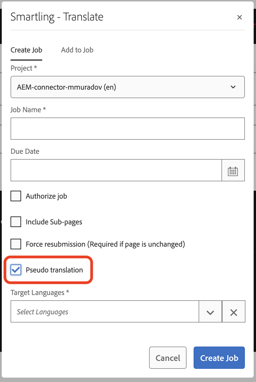 Pseudo translation checkbox selected in the Smartling-Translate dialog window