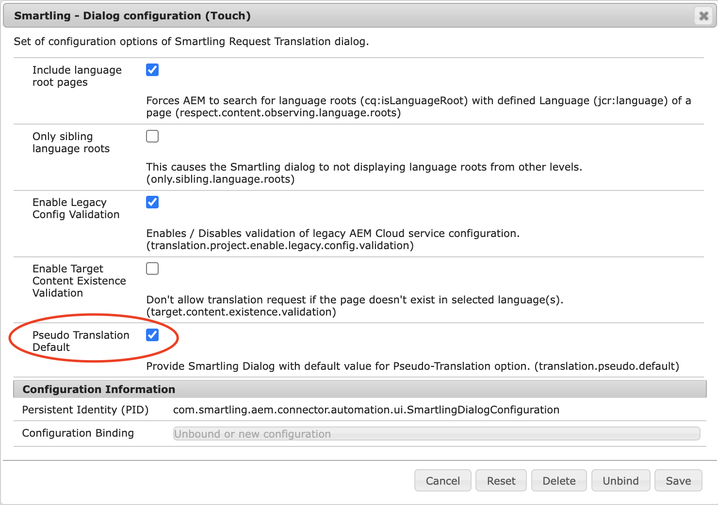 Pseudo translation default setting enabled in the Smartling Dialog configuration (Touch) OSGi settings
