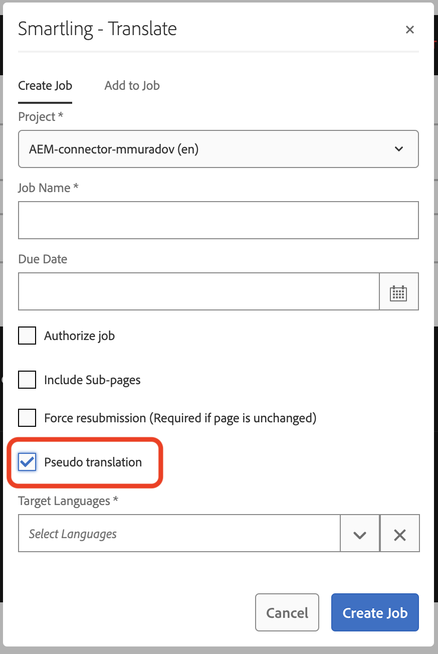 Pseudo translation checkbox selected in the Smartling-Translate dialog window