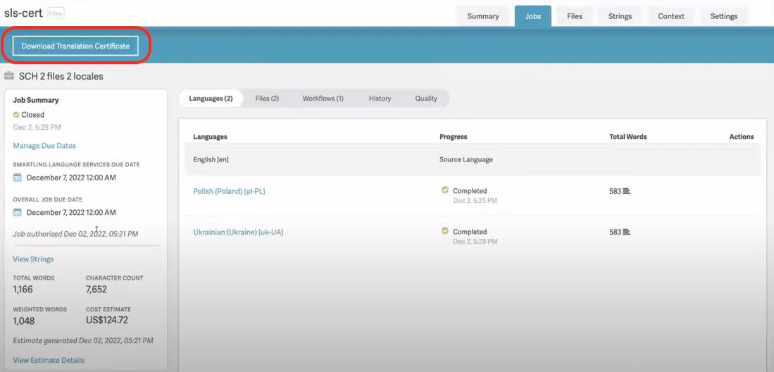Screenshot of the Download Translation Certificate button on a closed job in the Smartling dashboard.