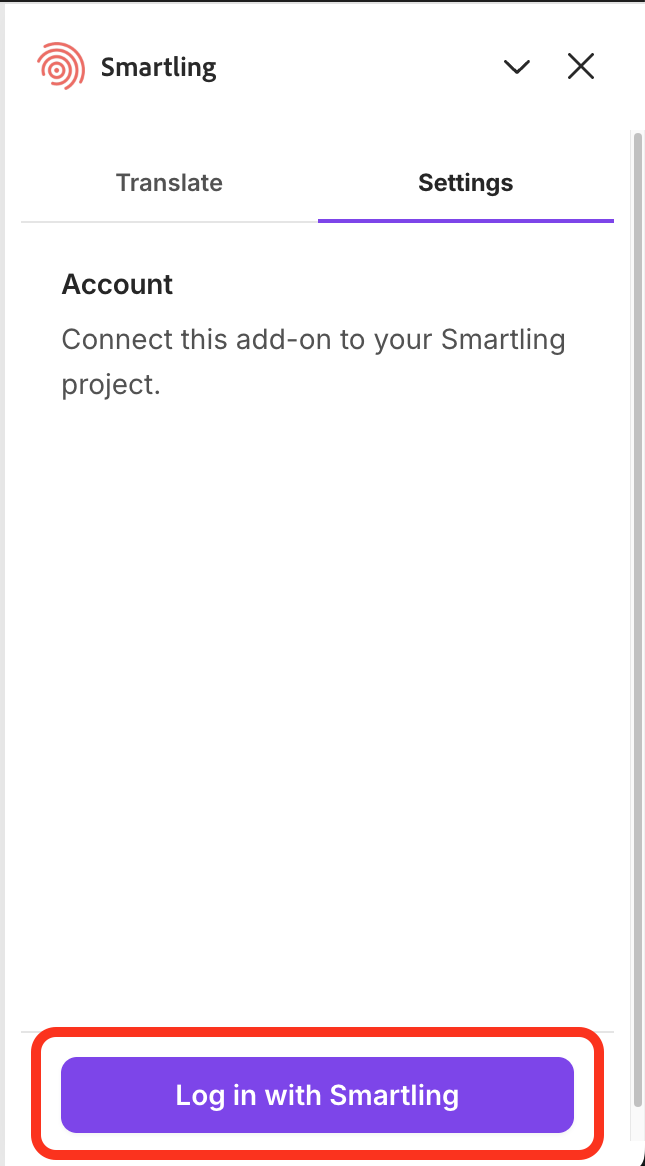 Settings tab, Account section, showing the Log in with Smartling button