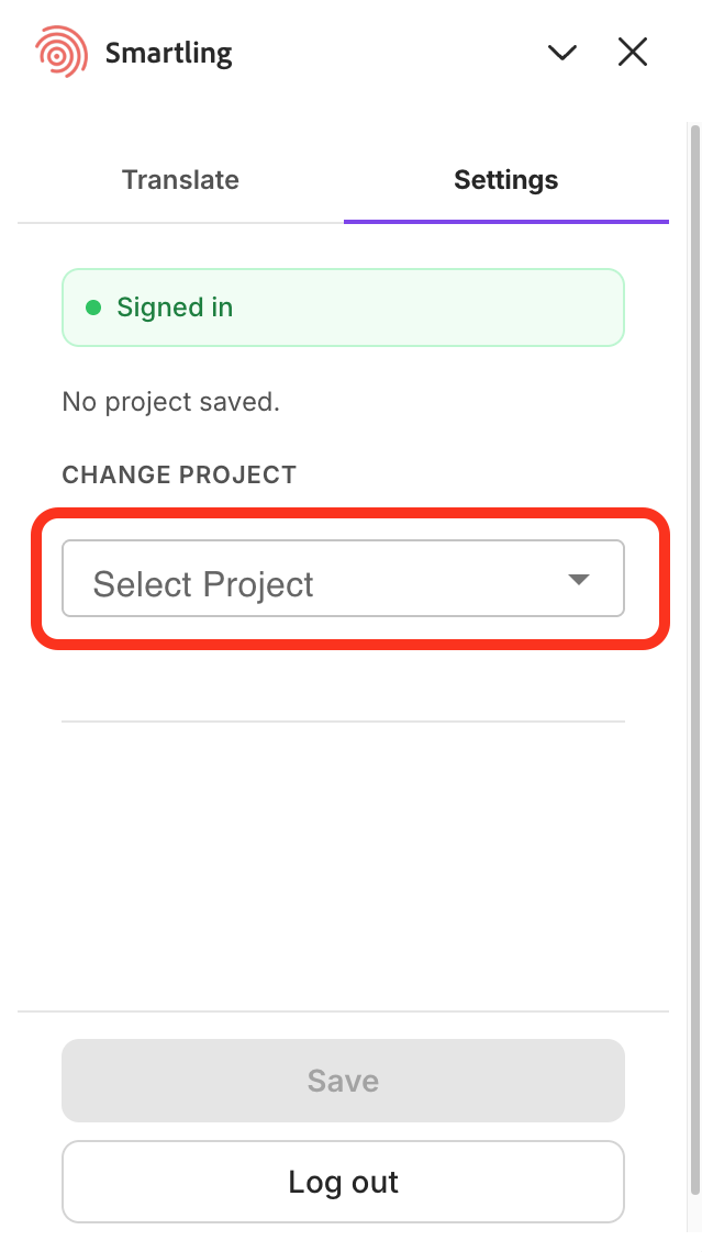 Settings tab, Signed in, Change Project section with the Select Project dropdown