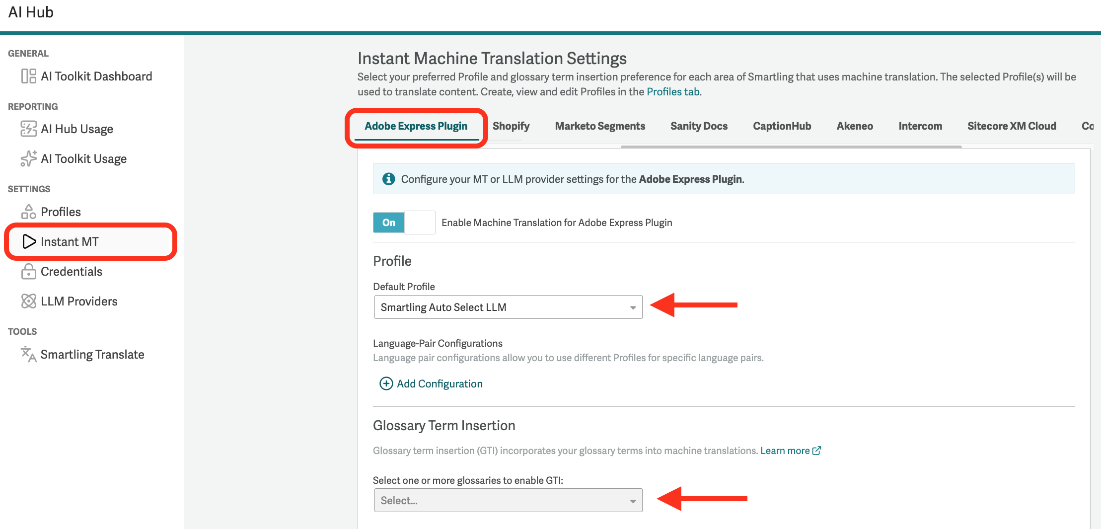 AI Hub Instant MT settings for the Adobe Express Plugin, showing the Enable toggle, Default Profile, and Glossary Term Insertion