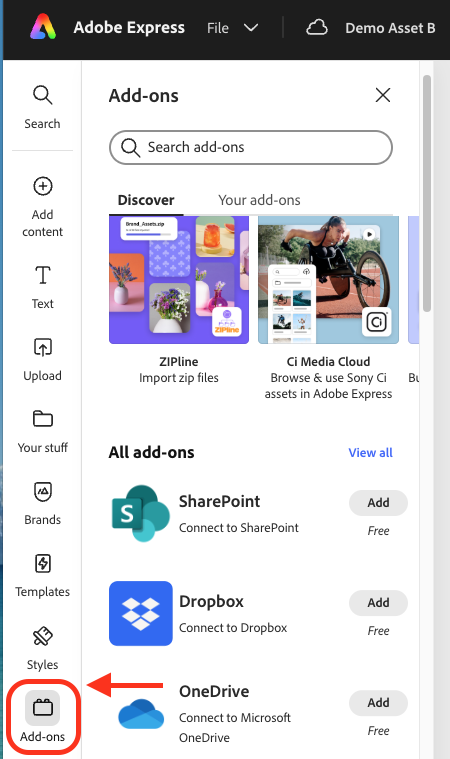 Add-ons panel, Your add-ons tab, showing the installed Smartling add-on