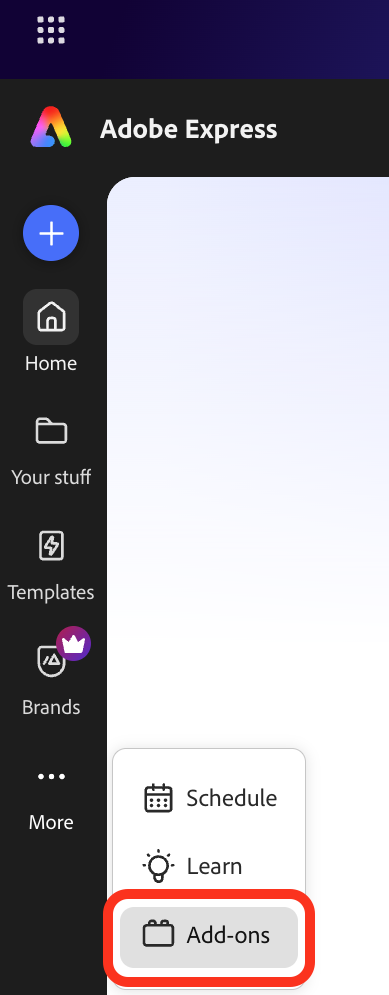 Adobe Express Add-ons panel with the search field used to find the Smartling add-on