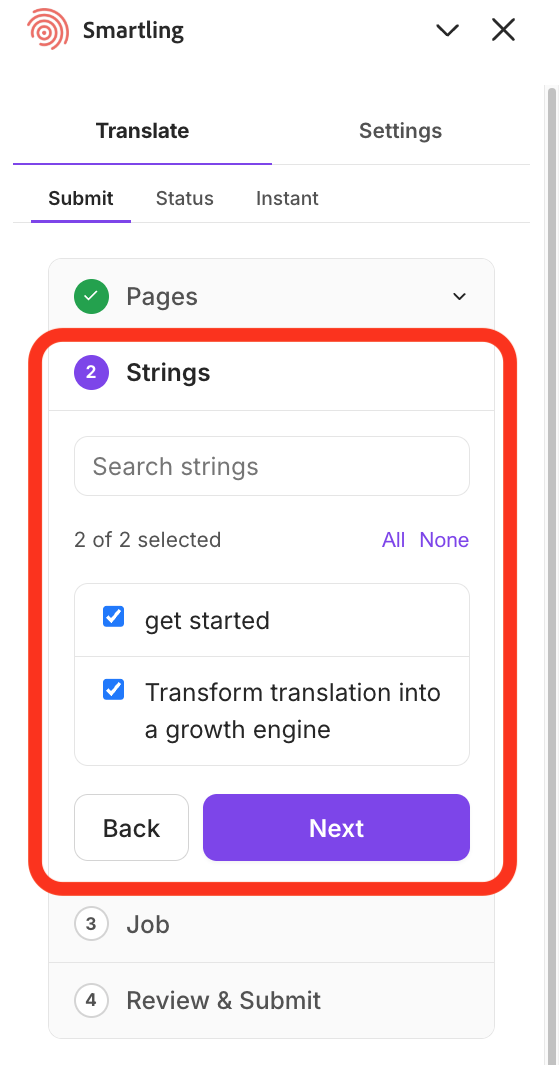 Submit tab, Strings step, showing individual strings with checkboxes and search